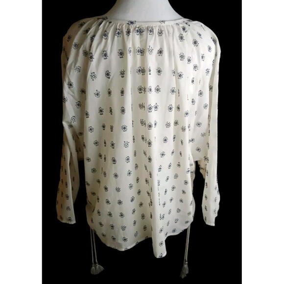 Love Stitch Cream Navy Embroidered Blouse Tassels Boxy Fit Oversized S/M Ruched - Picture 3 of 9